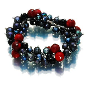 Fire In Dark Night Pearl With Coral And Onyx Bracelet - Orchira Pearl Jewellery